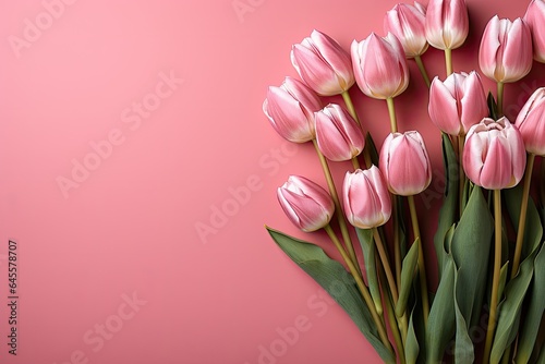 pink tulips tulips on pink background, copy space