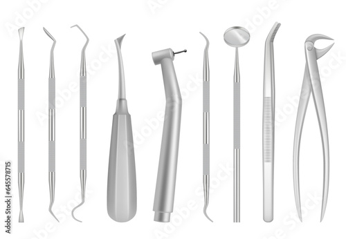 dental tools set for dentistry inspection. Teeth care, health concept. Basic metal medical equipment, instrument top view. Vector illustration isolated on white background