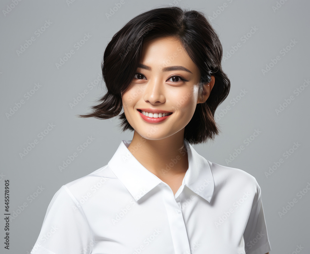 Portrait of beautiful asian woman in white shirt on gray background. created by generative AI technology. Portrait of beautiful asian woman in white shirt on gray background. created by generative AI technology.