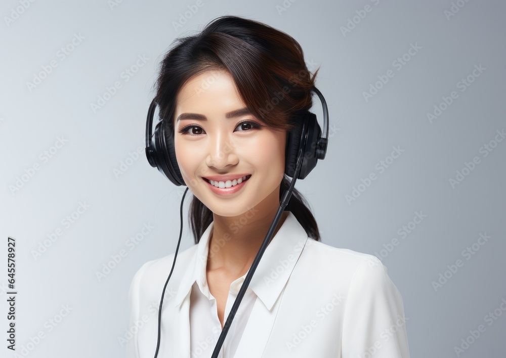 Portrait of smiling Asian customer support phone operator in headset. created by generative AI technology. Portrait of smiling Asian customer support phone operator in headset. created by generative AI technology.