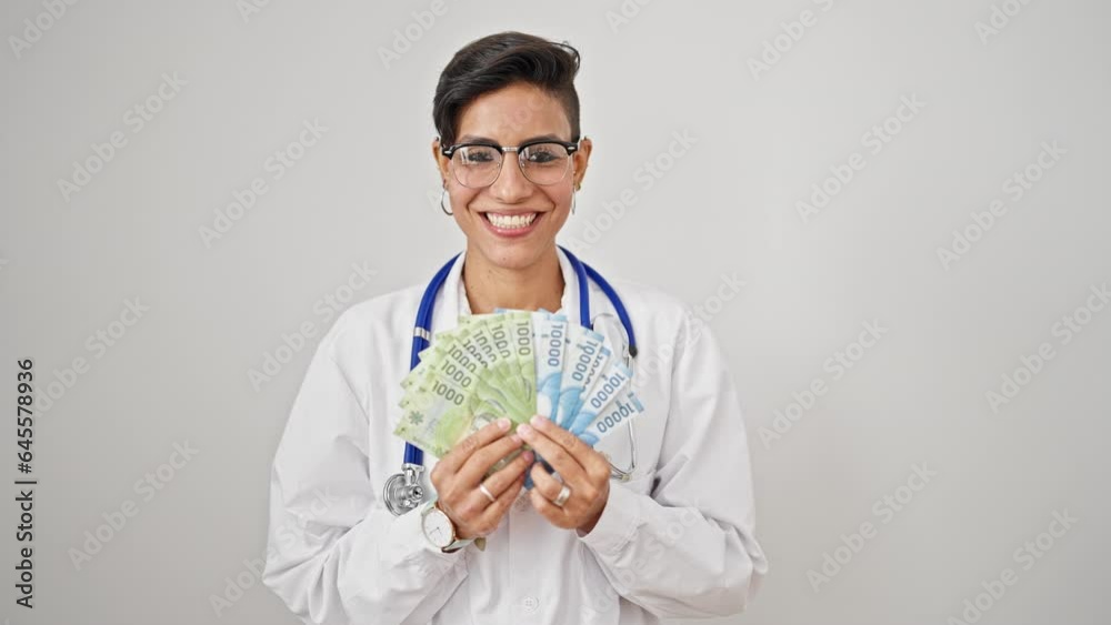 Young beautiful hispanic woman doctor holding chilean pesos banknotes saying yes with head over isolated white background Young beautiful hispanic woman doctor holding chilean pesos banknotes saying yes with head over isolated white background