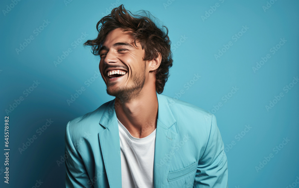 Handsome young man smiling while standing against blue background. created by generative AI technology. - obrazy, fototapety, plakaty 