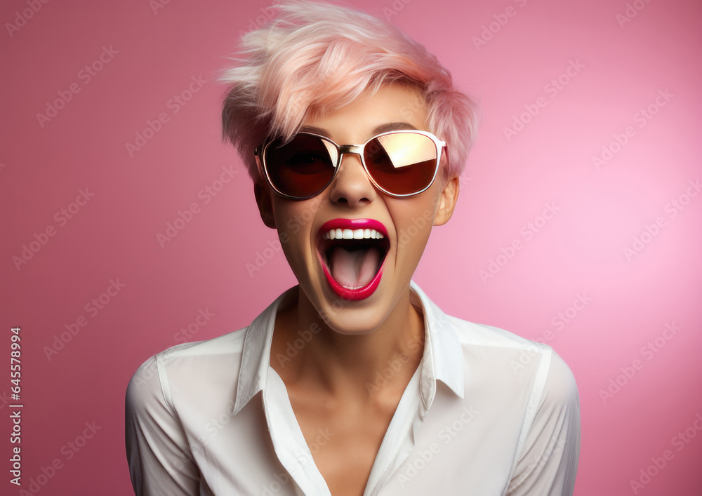 Portrait of a beautiful excited young woman with pink hair and glasses on a pink background. created by generative AI technology. Portrait of a beautiful excited young woman with pink hair and glasses on a pink background. created by generative AI technology.