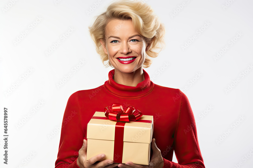 Portrait of a mature blonde haired woman wearing red and holding a gift box with a red bow, on a white background Portrait of a mature blonde haired woman wearing red and holding a gift box with a red bow, on a white background