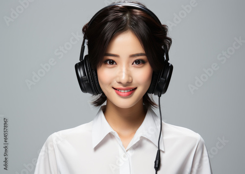 Portrait of smiling Asian customer support phone operator in headset. created by generative AI technology.