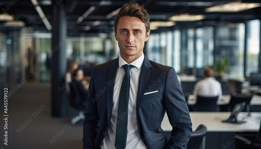 Portrait of confident businessman standing in office. Businessman looking at camera. created by generative AI technology.