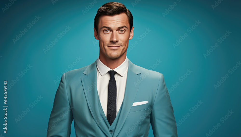 Portrait of a handsome young man in blue suit. Men's beauty, fashion. created by generative AI technology.