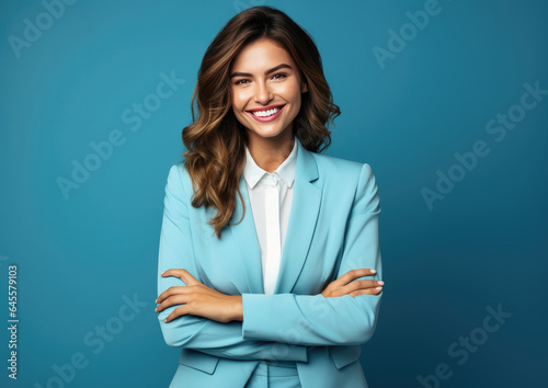 Portrait of happy smiling business woman in blue suit, over blue background. created by generative AI technology.