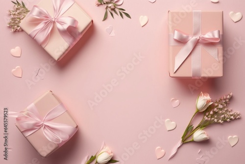 Top view photo of woman's day composition gift boxes with bows pink ribbon small hearts and prairie gentian flowers on isolated pastel pink background, Generative AI photo