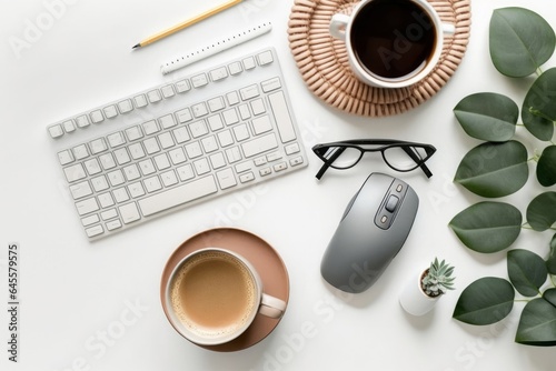 Business concept. Top view photo of workplace cup of coffee on rattan placemat wireless earbuds keyboard computer mouse copybooks glasses and eucalyptus on isolated white background, Generative AI photo