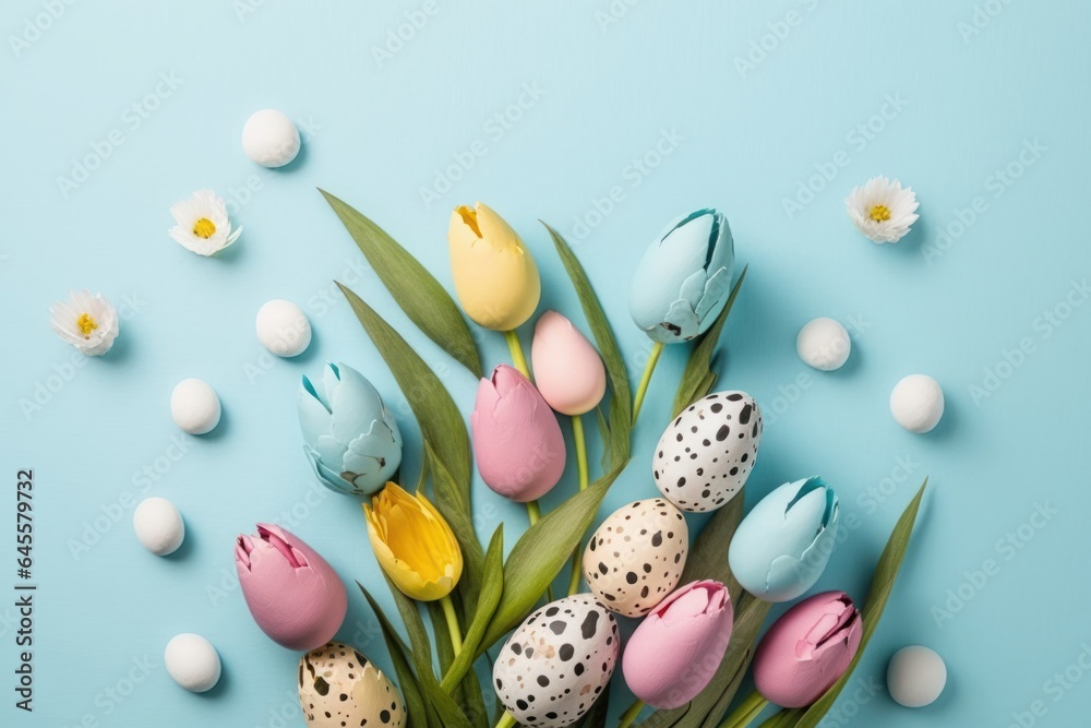 Easter decorations concept. Top view photo of bunch of pussy willow colorful tulips and quail eggs on isolated pastel blue background with empty space, Generative AI