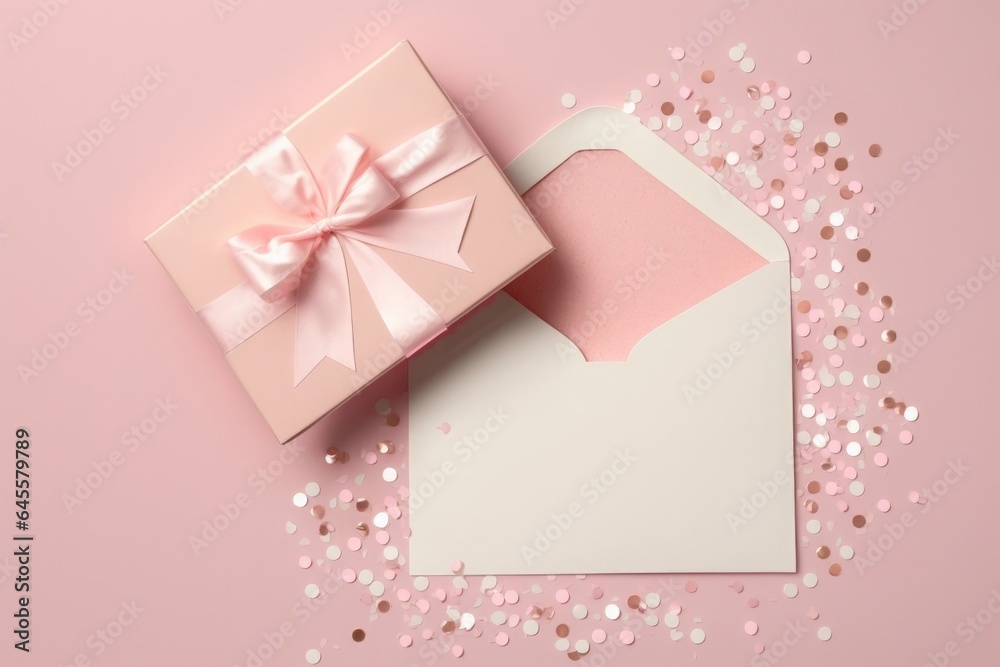 Top view photo of white giftbox with pink ribbon bow small hearts open pink envelope with paper card and shiny sequins on isolated pastel pink background, Generative AI