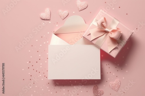 Top view photo of white giftbox with pink ribbon bow small hearts open pink envelope with paper card and shiny sequins on isolated pastel pink background, Generative AI © Ananya