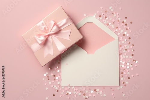 Top view photo of white giftbox with pink ribbon bow small hearts open pink envelope with paper card and shiny sequins on isolated pastel pink background, Generative AI © Ananya
