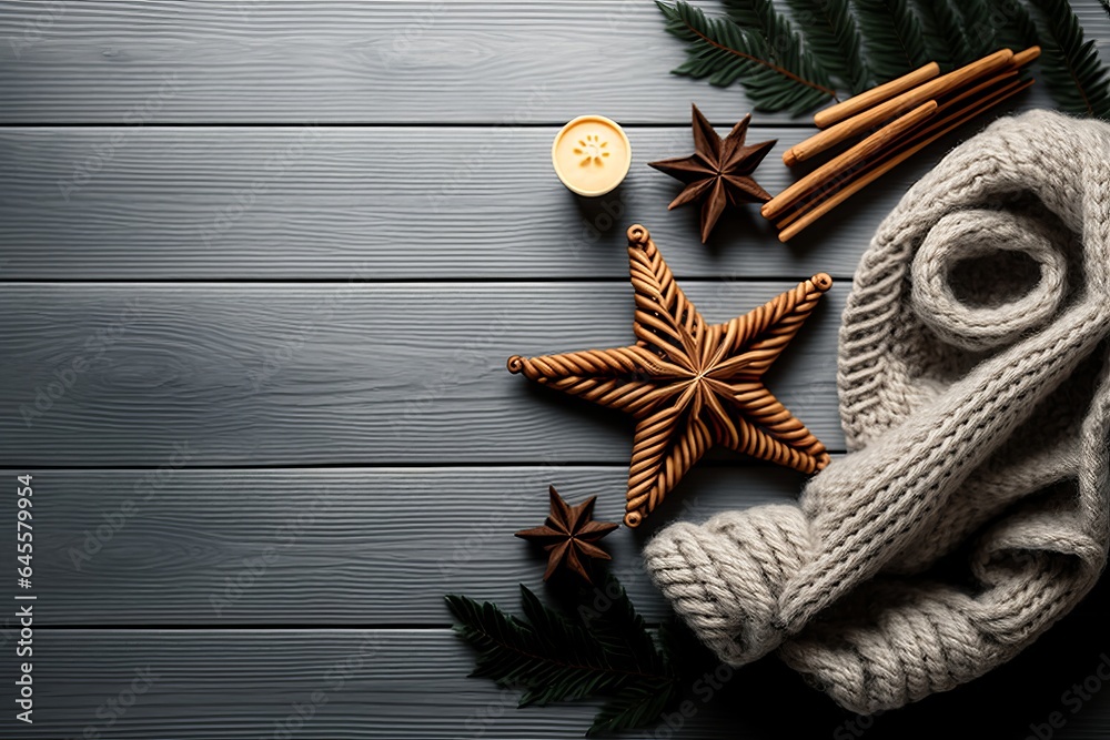 Winter holidays concept. Top view photo of wicker star knitted scarf pine branches anise and cinnamon sticks on grey wooden desk background, Generative AI