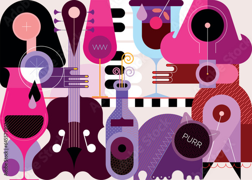 Vector illustration of House Party with music and cocktails. Two faceless persons are playing music and holding a glass of alcohol drink. The cat rubs against the leg and purrs. Creative mix of human 