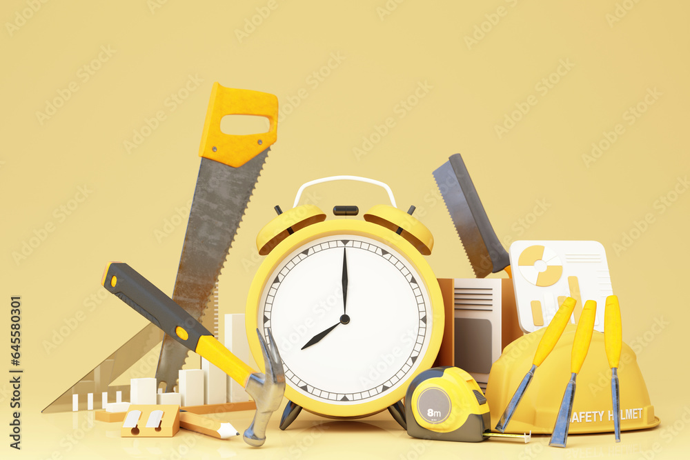 Labor Day, ideas for workers Safety First for life safety and health at work Surrounded by tools Hammer and measuring tape and wearing a construction hat and clock. 3d rendering - obrazy, fototapety, plakaty 