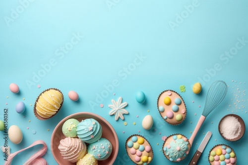 Easter cooking concept. Top view photo of colorful easter eggs in plate whisk paper baking molds cupcake shaped gingerbread and sprinkles on isolated pastel blue background with, Generative AI