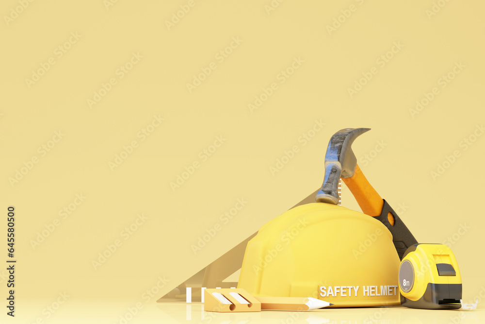 Concept for workers Safety First for the safety of life and health at work. Surrounded by tools, a hammer and a tape measure, wearing a construction helmet. 3d rendering - obrazy, fototapety, plakaty 