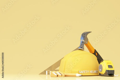 Fototapeta Naklejka Na Ścianę i Meble -  Concept for workers Safety First for the safety of life and health at work. Surrounded by tools, a hammer and a tape measure, wearing a construction helmet. 3d rendering