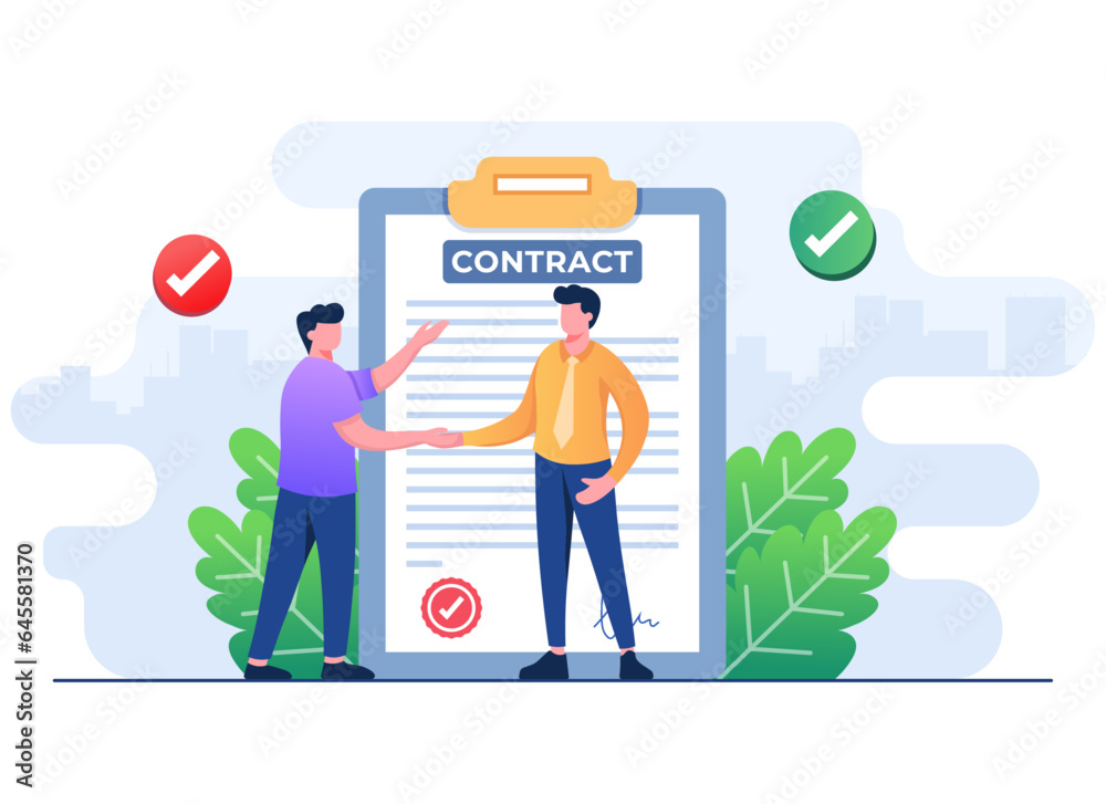 Business people shaking hands over contract, Signed paper deal contract flat illustration vector banner, Business agreement, Startup contract, suitable for website banner, landing page Business people shaking hands over contract, Signed paper deal contract flat illustration vector banner, Business agreement, Startup contract, suitable for website banner, landing page