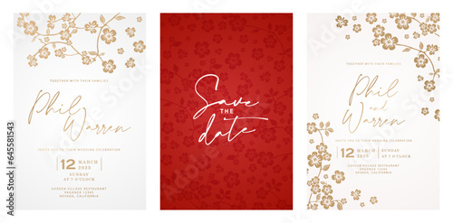Wedding invitation three set cards with cherry blossom flowers ornamental design for Stationery, Layouts, collages, scene designs, event flyers, Holidays celebrations cards paper, print paper material