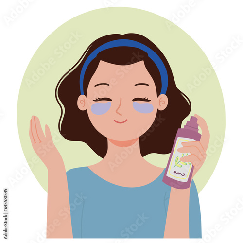 Portrait pretty cute girl doing her skincare routine for glowing skin result and put on eye patch mask vector illustration