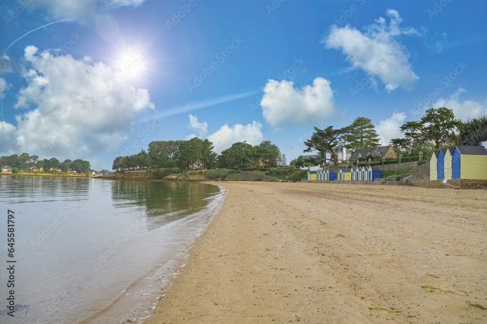 Ile-aux-Moines, in the Morbihan gulf, bathing huts on the beach
