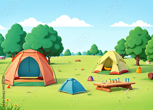 Camping or picnic in the nature park at daytime scene. vector illustration