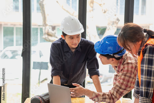 Concept meeting engineers or architects for projects working with partners and engineering tools to create models and blueprints at the job site. construction concept. Engineer concept.