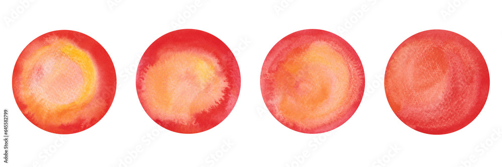 Obraz premium A set of red-orange watercolor circles, isolated spots on a white background, hand-drawn. The texture of watercolor on paper. Watercolor round backgrounds with gradient. An element for design.