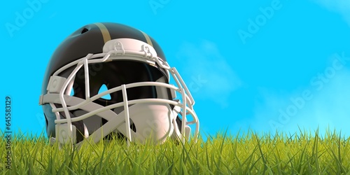 American football helmet with New Orlean Saints team colors. Green grass of footbal field. 3D render photo