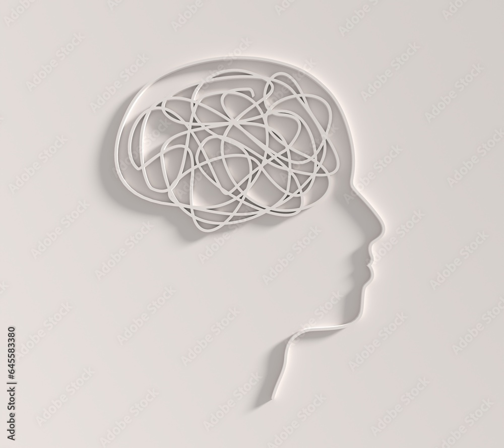 Psychotherapy, stress and psychosis. A head with a tangled ball of nerves, scribbles symbolizing a depressed state of a person. Psychological help. Personality disorder and depression. 3D render Psychotherapy, stress and psychosis. A head with a tangled ball of nerves, scribbles symbolizing a depressed state of a person. Psychological help. Personality disorder and depression. 3D render