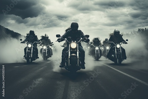Silhouettes of bikers man riding speed motorcycle on empty motion road against cloudy dusky sky. Motorbike sports riding fast and having fun driving.
