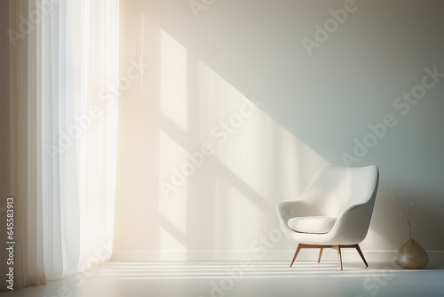 Modern minimal interior design room, big white curtain and chair.