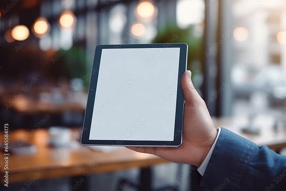 Mock-up tablet on businessman hand holding and using with blank white screen copy space for text advertisement Mock-up tablet on businessman hand holding and using with blank white screen copy space for text advertisement