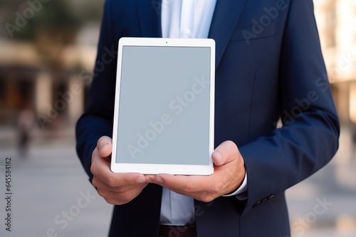 Mock-up tablet on businessman hand holding and using with blank white screen copy space for text advertisement
