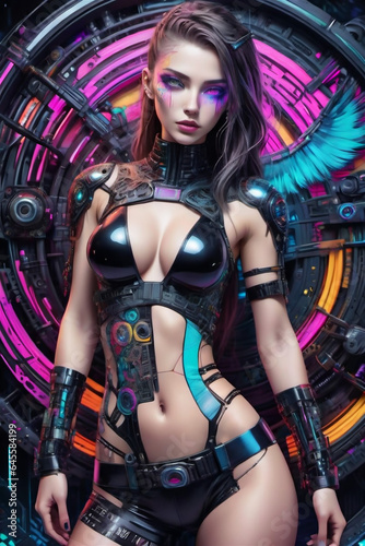 Beautiful Cyberpunk Female character. Female cyborg with futuristic hairstyle and makeup, Cyberpunk metaverse character. Concept art.