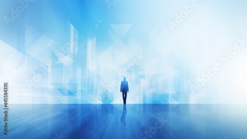 Blue background and there is a businessman standing. 