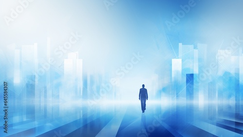Blue background and there is a businessman standing