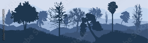 Forest, park, alley. Landscape of isolated trees. Silhouette vector. A forest on hilly terrain with beautiful hills and clear weather.