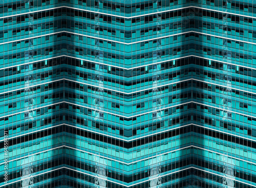 Symmetrical view of aqua blue architecture with ambient lighting