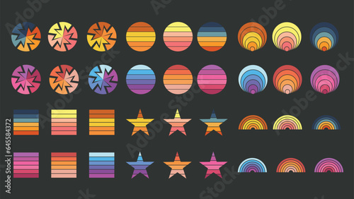 retro vector set Colorful Geometric Shapes and Patterns Collection isolated in black. 