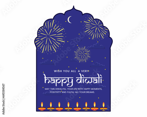 Diwali Diya on window in night Sky view with Fireworks for Festival of Lights, Shubh Dipawali aka Happy Diwali with Wishes