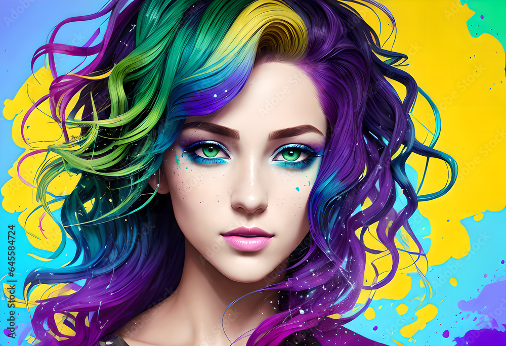 Fototapeta premium Fashionable and bright girl, Trends, Multi-colored Ombré hairstyle, On an abstract background with different colors, Generative AI