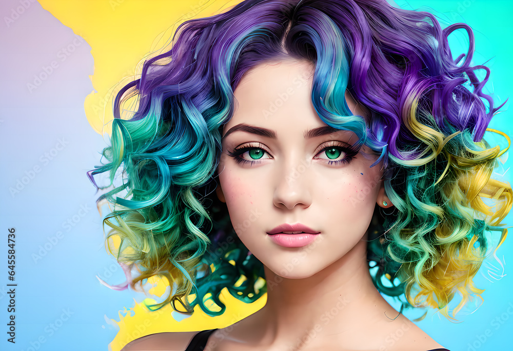 Fashionable and bright girl, Trends, Multi-colored Ombré hairstyle, On an abstract background with different colors, Generative AI Fashionable and bright girl, Trends, Multi-colored Ombré hairstyle, On an abstract background with different colors, Generative AI