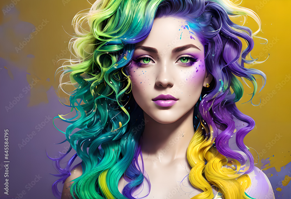 Fashionable and bright girl, Trends, Multi-colored Ombré hairstyle, On an abstract background with different colors, Generative AI