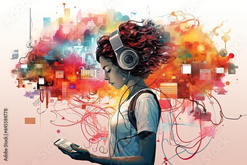 Technology, drawing of a girl wearing headphones and looking at her phone, technology at her fingertips, colorful © Ruth