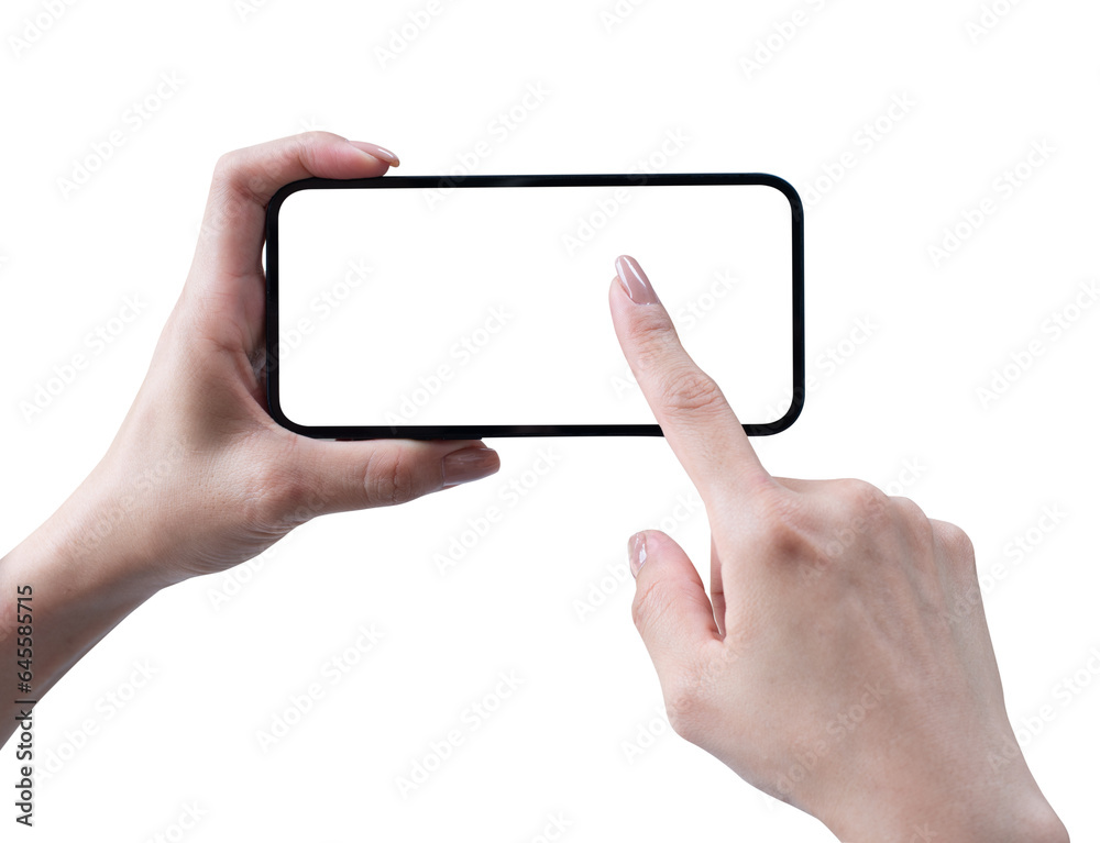 Woman hand holding, showing, finger touching on blank screen mobile phone, isolated on white background, mockup, horizontal composition Woman hand holding, showing, finger touching on blank screen mobile phone, isolated on white background, mockup, horizontal composition