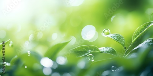 Abstract blurred green color for background, Blur leaves at the health garden outdoor and white bubble, clear drops of water focus. generative AI